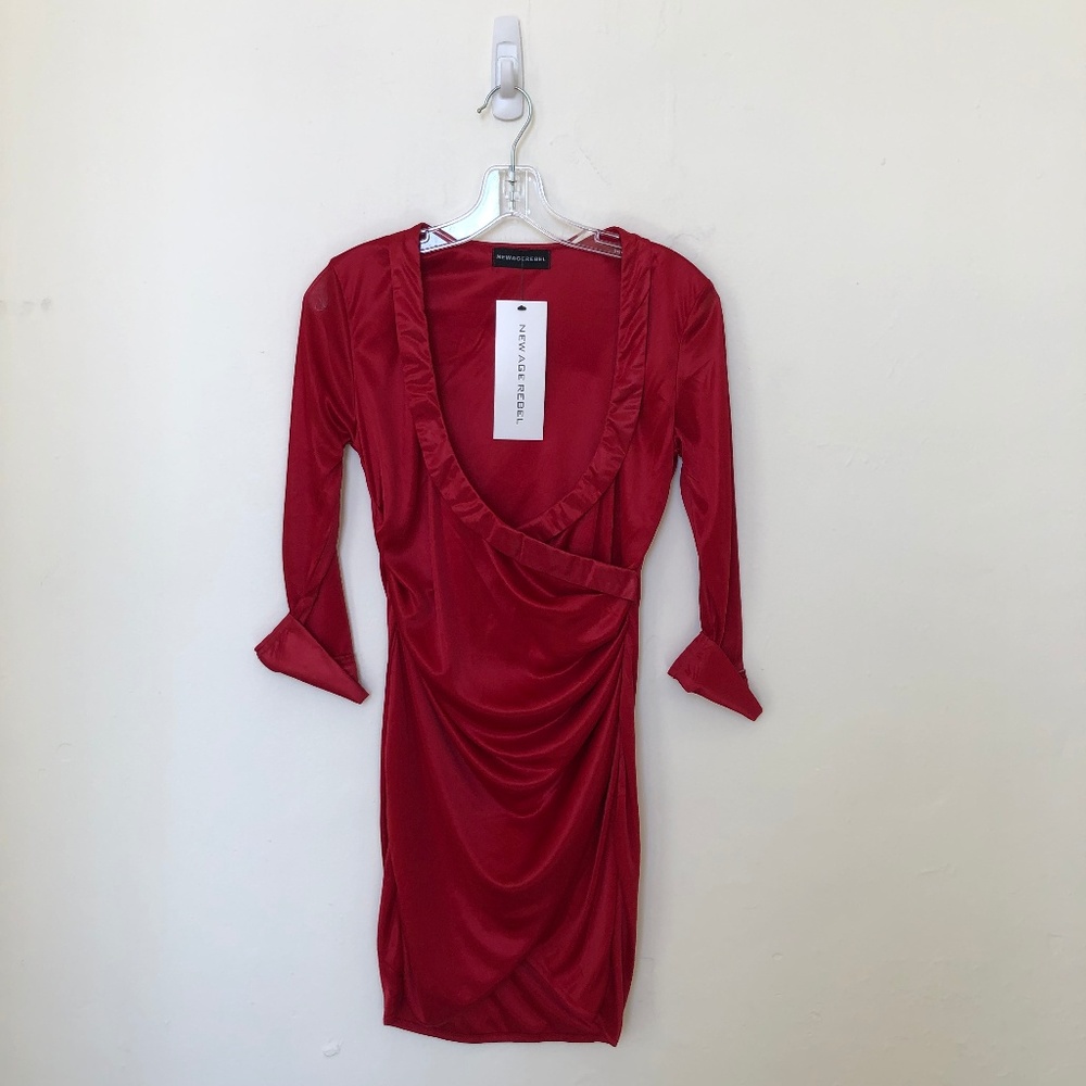 Red Satin V Neck Quater Sleeve Dress